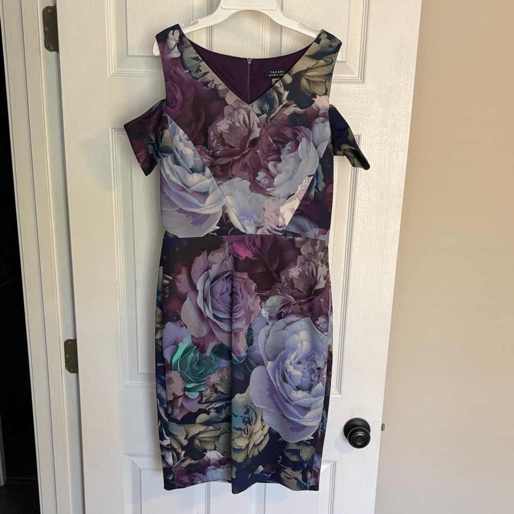 Tahari ASL Purple Floral Midi Dress